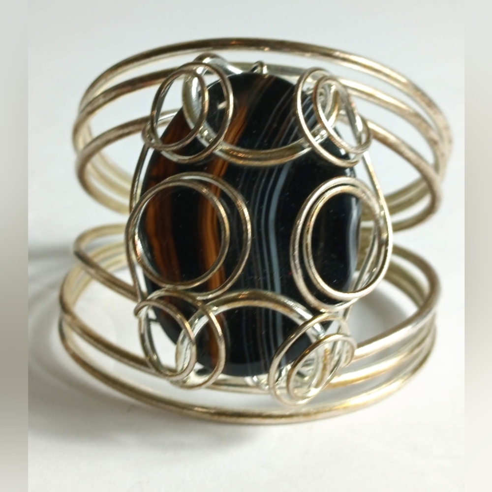 Modernist Silver Natural Stone Banded Agate Cuff Bracelet